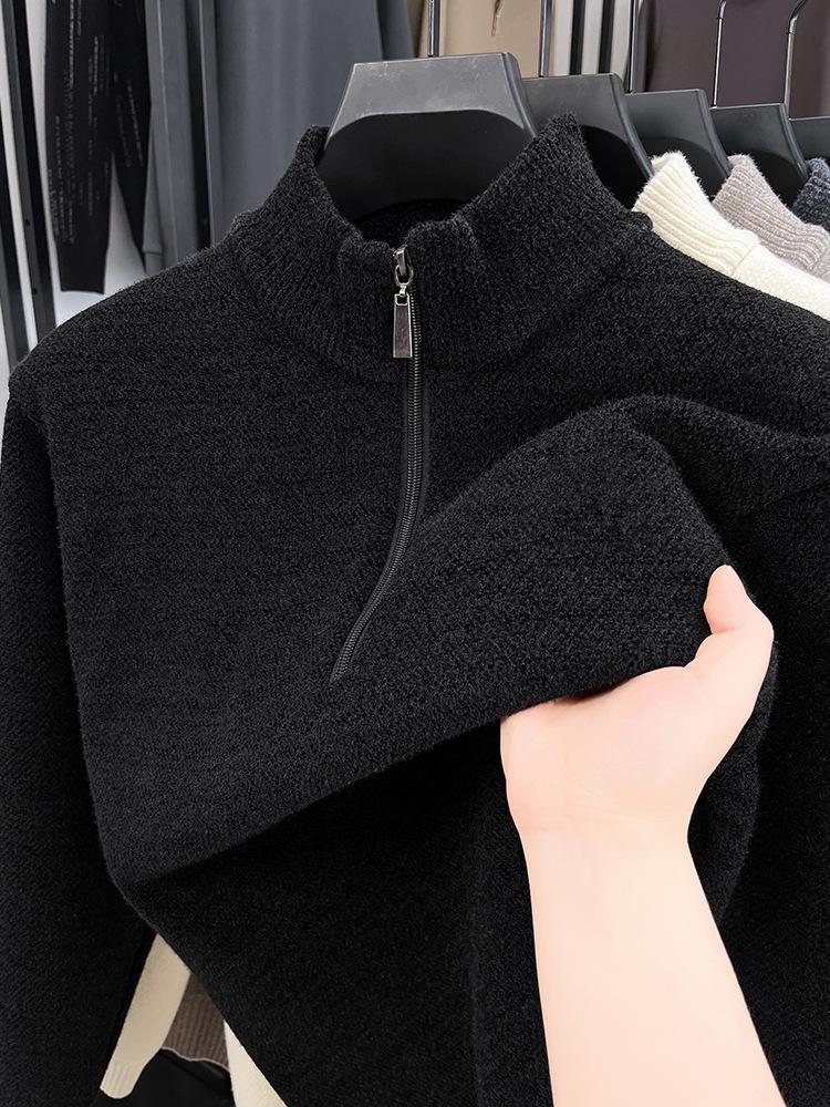 Men's Fleece-Lined Half-Zip Sweater - Winter Casual Solid Color Knit