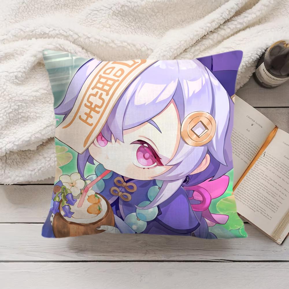Qiqi Cute Genshin Impact Cushion Cover Silky Short Plush Invisible Zipper Dustproof Sofa Pillow Case For Home Decor