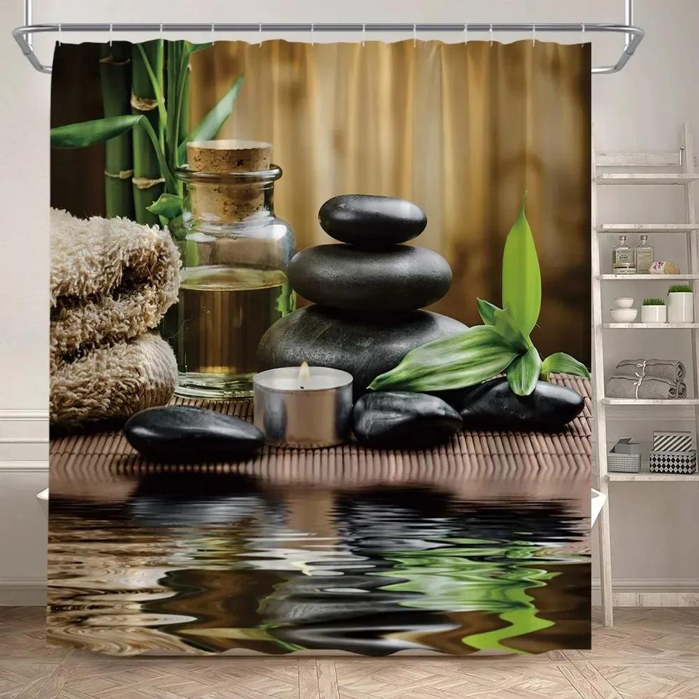 Zen Green Bamboo Shower Curtains Purple Orchid Butterfly Flowers Plants Black Stone Spa Nature Scenery Fabric Bathroom Decor Set