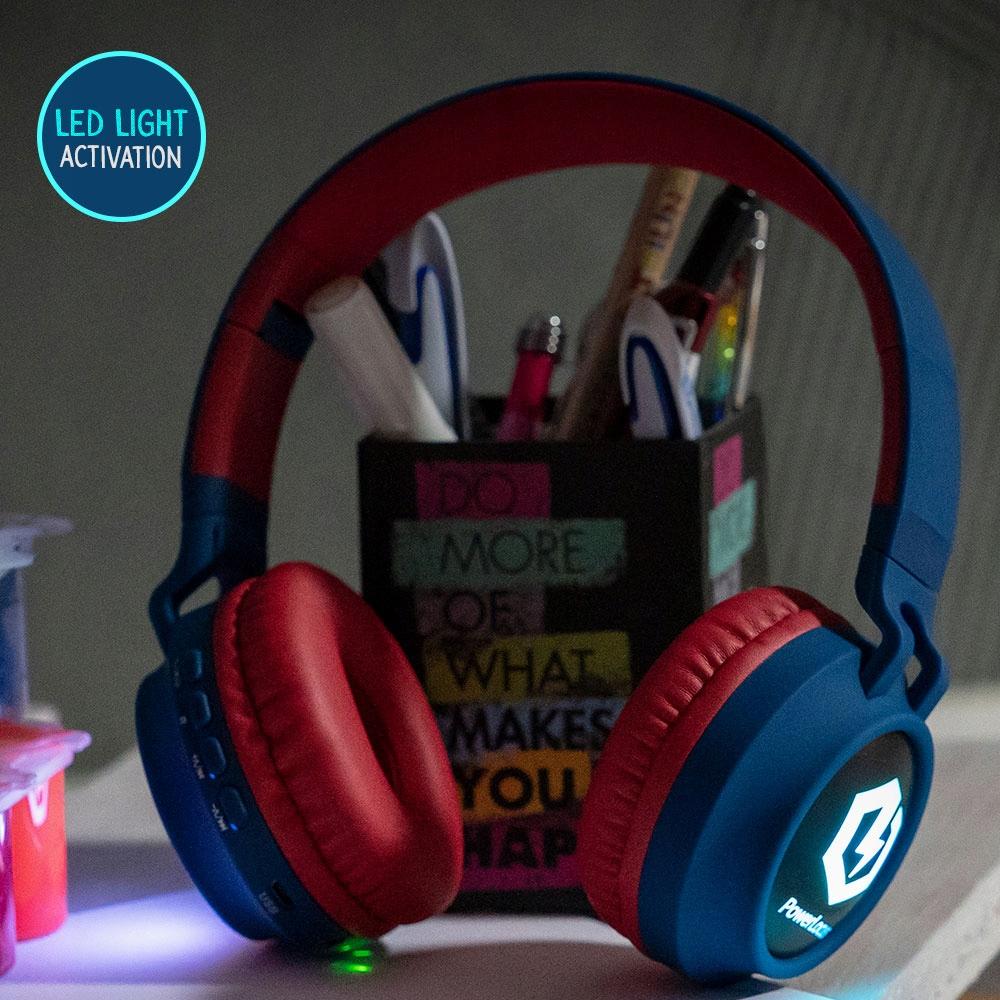 PowerLocus Buddy BlueRed Wireless LED MicroSD AUX Headphones for Kids