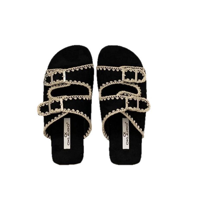 Flat-bottomed fashion outer wear belt buckle cool slippers women's shoes 2025 new summer outer wear yellow beach sandals