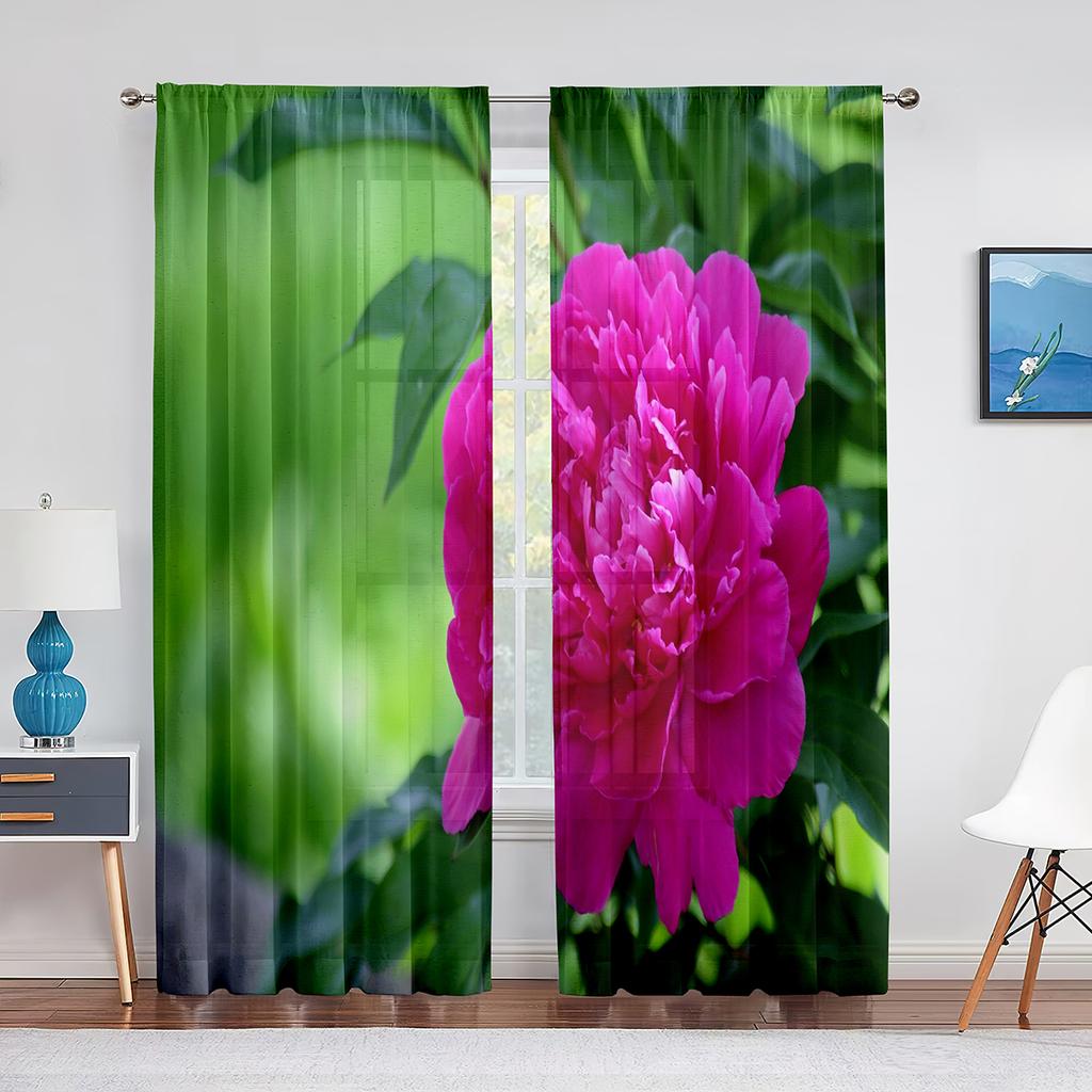 Tüllvorhänge mit rosa Pfingstrose und grünen Blättern für Wohnzimmer, Heimdekoration, Fenstervorhang, Küche, transparenter Voile-Vorhang