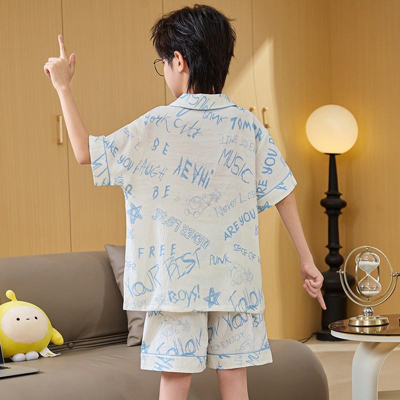 Boys Cotton Pajama Set Thin Sleepwear Cartoon Print Comfortable Home Wear Teens