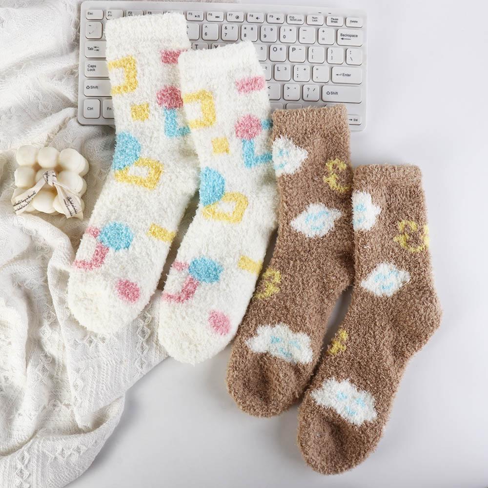 Female Hosiery Coral Velvet Socks Plush Sleeping Socks Comfortable Flower Pattern Socks  Thicken