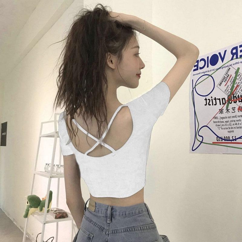 2025 Summer Korean Slim Fit Cross Back Short Sleeve T-shirt for Women