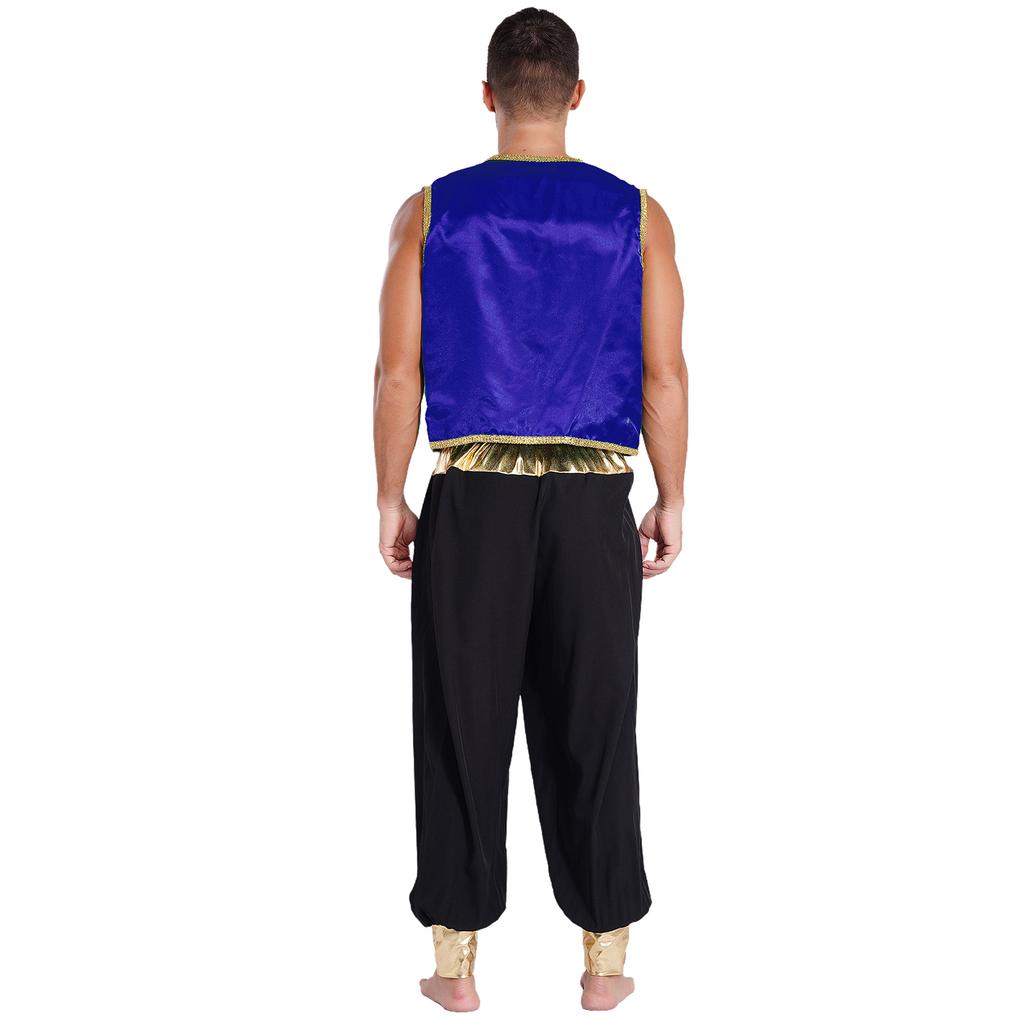 Herren Arabischer Prinz Kostüm Geflochtene Weste Patchwork Hose Elastischer Bund Karneval Cosplay