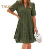 Casual Dresses - Summer Beach Casual Dress Women Hollow Out Eyelet V Neck Short Sleeve Midi Sundress Tiered Flowy A Line
