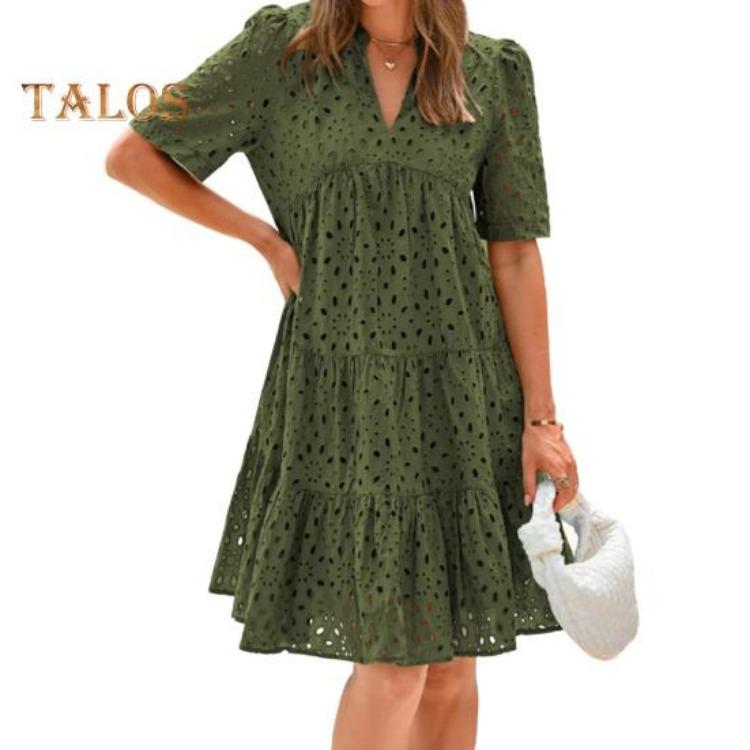 Casual Dresses - Summer Beach Casual Dress Women Hollow Out Eyelet V Neck Short Sleeve Midi Sundress Tiered Flowy A Line