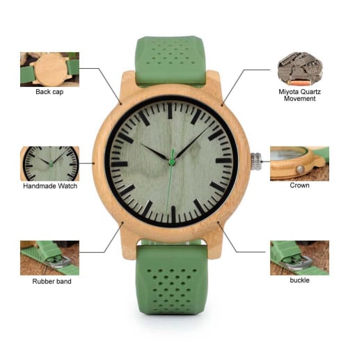 BOBO BIRD Bamboo Watch B06 with Green Silicone Band and Green Dial, Sony Japan Quartz Movement, for Men and Women