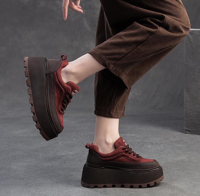Fashion 6.5CM Women Mixed Colors Height Increasing Shoes Spring Autumn Cow Genuine Leather Round Toe Wedges Heel Platform Nop-slip Shoes