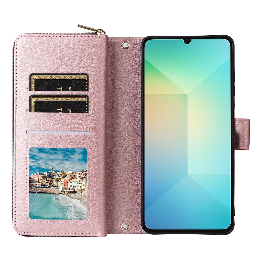 R20 For Samsung Galaxy A06 4G Case Zipper Pocket PU Leather Cover with 9 Card Slots