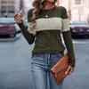 Women's Fashionable Round Neck Long Sleeved Color Blocked Loose Casual Pullover Top
