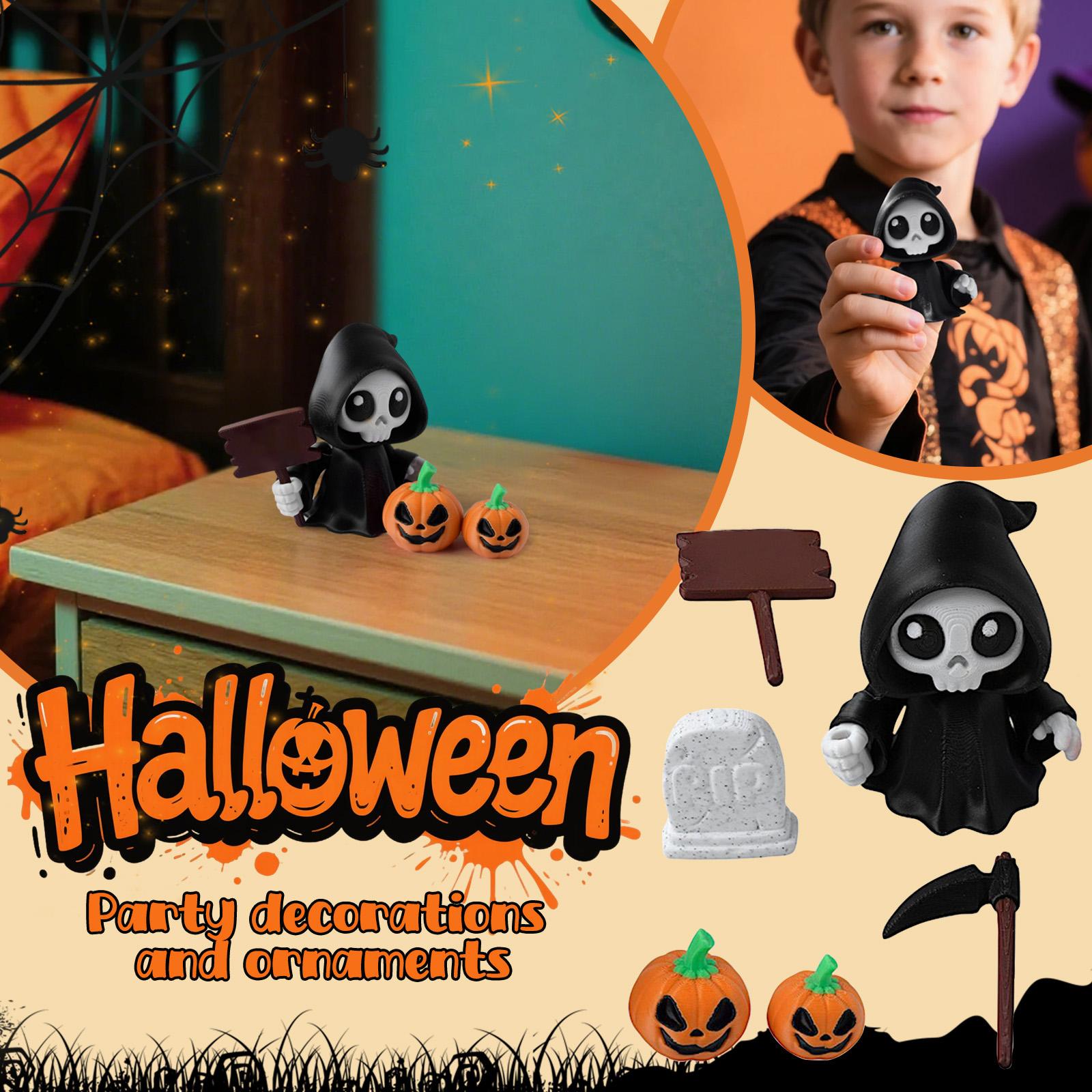 

Halloween Decoration Set, Cute Grim Figurine With Pumpkins And Accessories, 3.46 Inch Height One Size