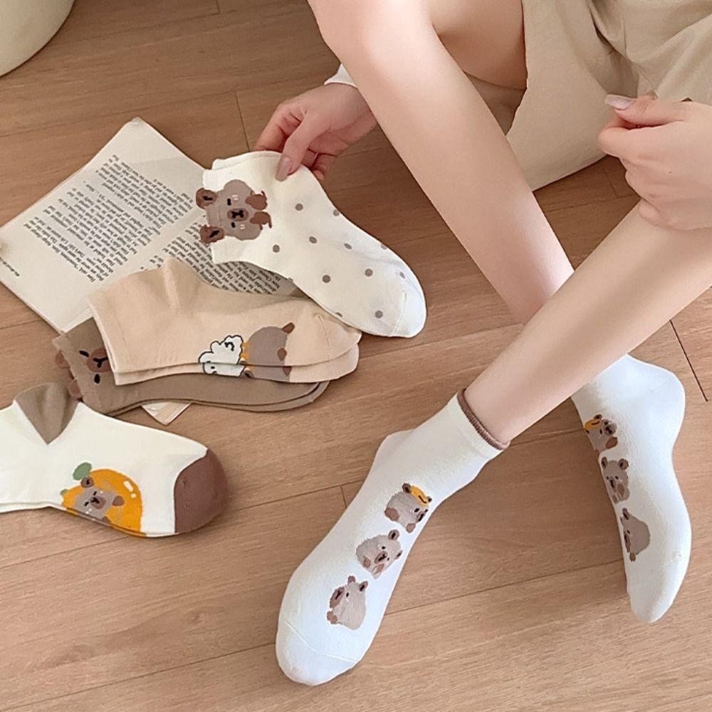 5Pairs Non-Slip Capybara Mid-tube Socks Cartoon Socks Women Lovely Capybara Socks  Women
