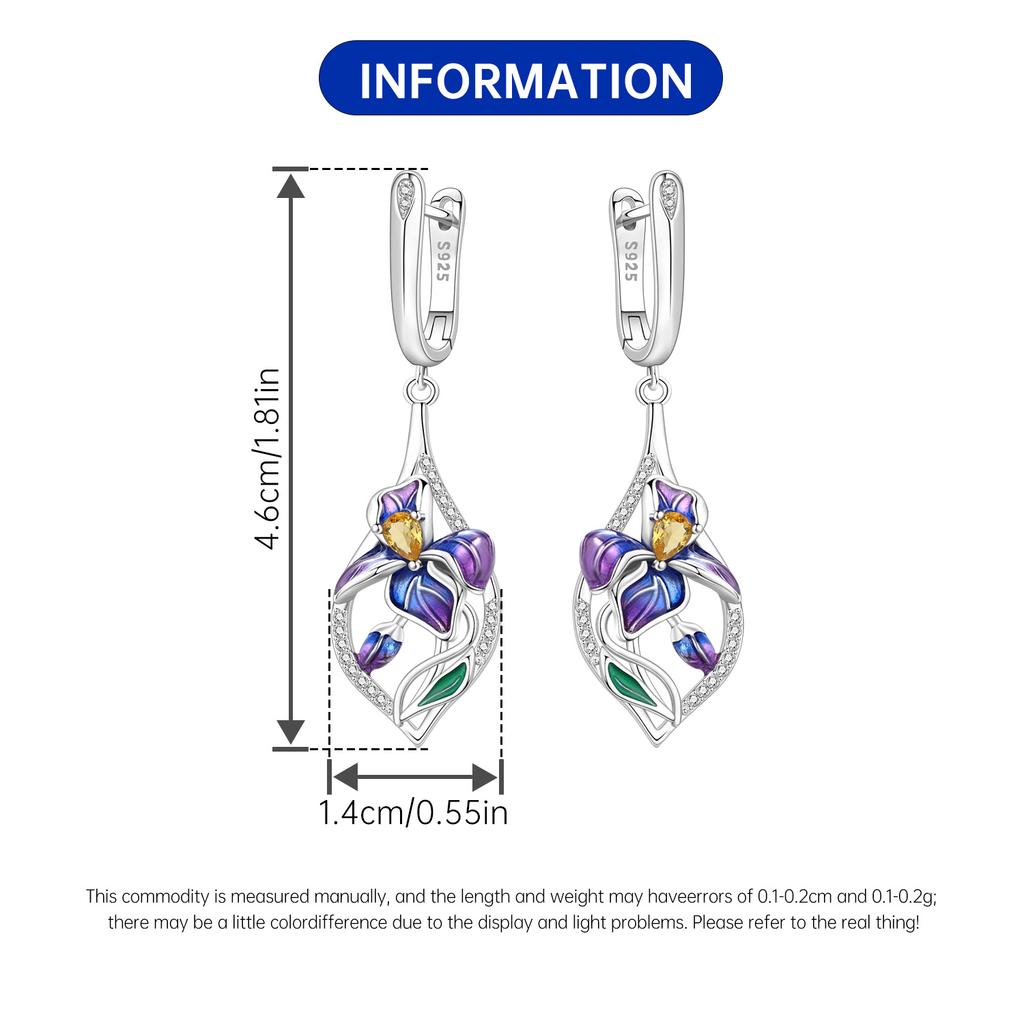 Orstarry 925 Silver Blue Purple Iris Flower Drop Earrings Women Earrings Charm Trend Versatile Party Jewelry Gifts