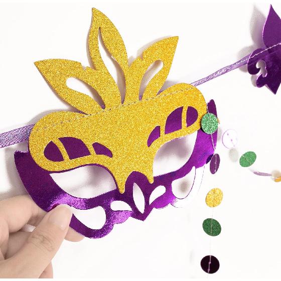Cheerland Green Purple Gold Mardi Gras Mask Banner Paper Bead Garland Set for Mardi Gras Theme Party Decorations Triangle Flag Bunting for Fat
