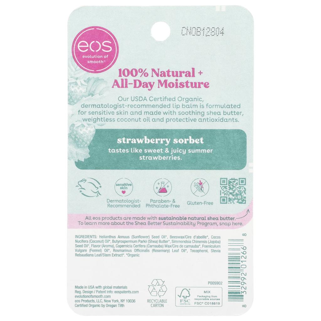 Organic 100% Natural Shea Butter Lip Balm, Strawberry Sorbet, 2 Pack, 4G (0.14Oz) per Pack