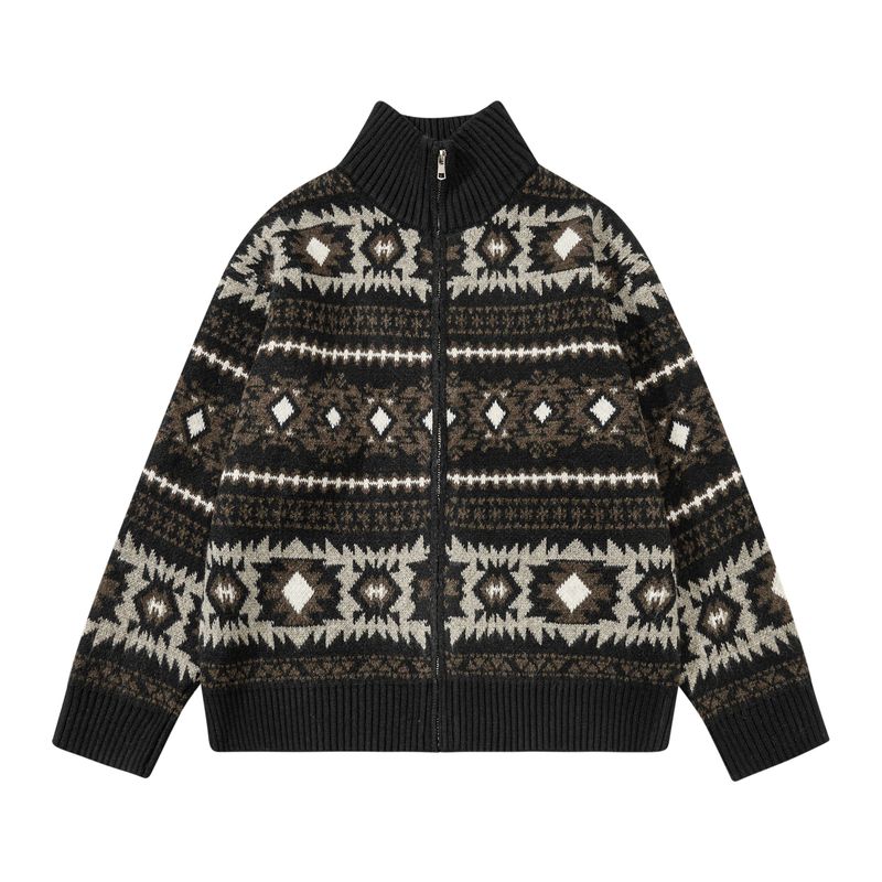 Blaexit Fair Isle Sweater Cashmere Sweater Men's Winter Thickened Diamond Pattern Knit Cardigan Jacket