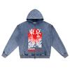 DTG Print Knitted Denim Zip-Up Hoodie Japan Samurai Brother Print Zipper Hoodies  