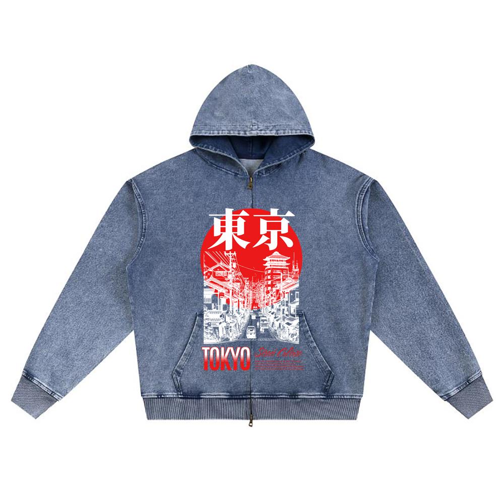 DTG Print Knitted Denim Zip-Up Hoodie Japan Samurai Brother Print Zipper Hoodies  