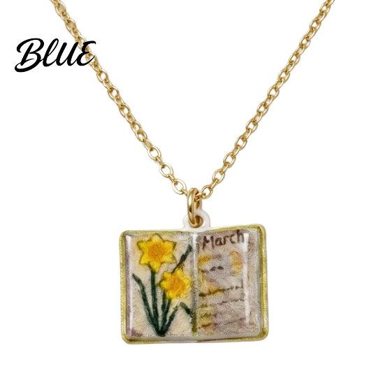 Stylish Women Necklace Birth Flower Necklace Floral Book Pendant January