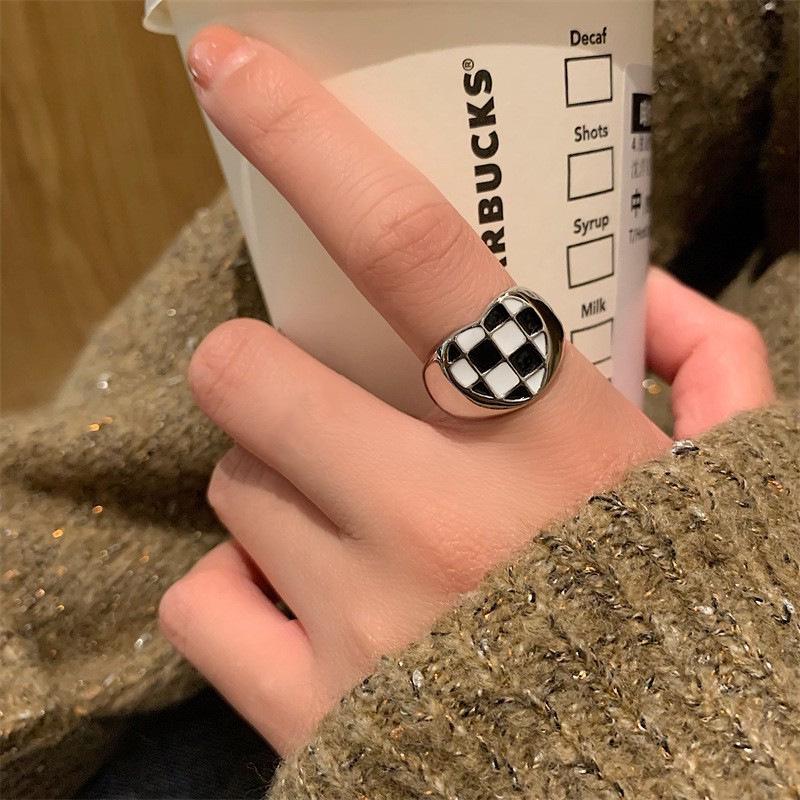 Women s Retro Black  White Plaid Adjustable Ring - Hip Hop Party Trendy Accessory Open Adjustable
