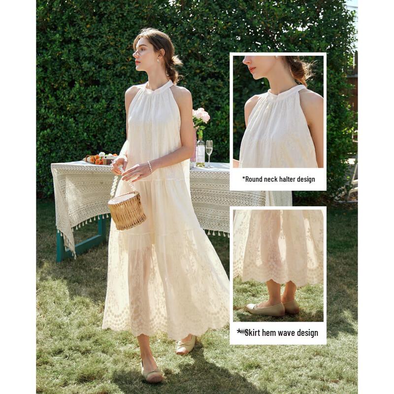 Olrain French Embroidered Halter Neck Maxi Dress