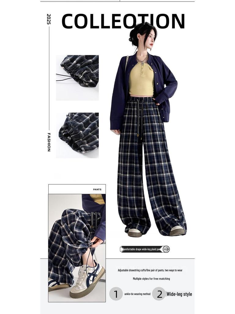 Women's Retro Plaid Wide-Leg Cuffed Pants - Spring 2026 Lazy Style