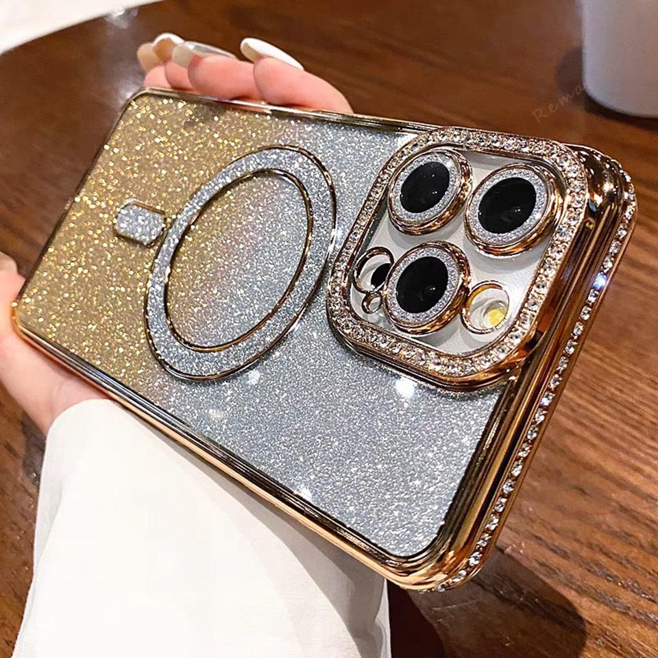 Bling Glitter Diamond Magnetic Case For iPhone 17 Air 16E 16 15 14 Plus 13 11 12 16 17 Pro Max Transparent Protector Cover