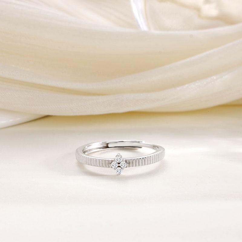 S925 Sterling Silver Minimalist Striped Zircon Four-Leaf Clover Women s Luxury Open Ring Adjustable Open