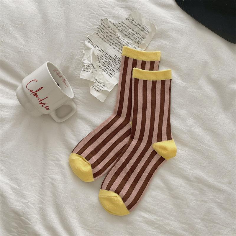 Korean Contrasting Striped Rolled Socks Are Simple And Sweet, Retro Preppy Style Versatile Mid-Leg Socks Are Thin In All Seasons