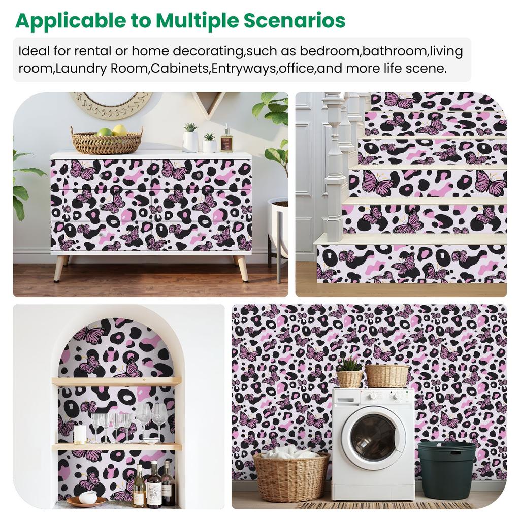 Pink Butterflies Leopard Print Wallpaper 22.83"X118" Waterproof Wallpaper for Living Room/Bedroom/Bathroom PVC Wall Sticker