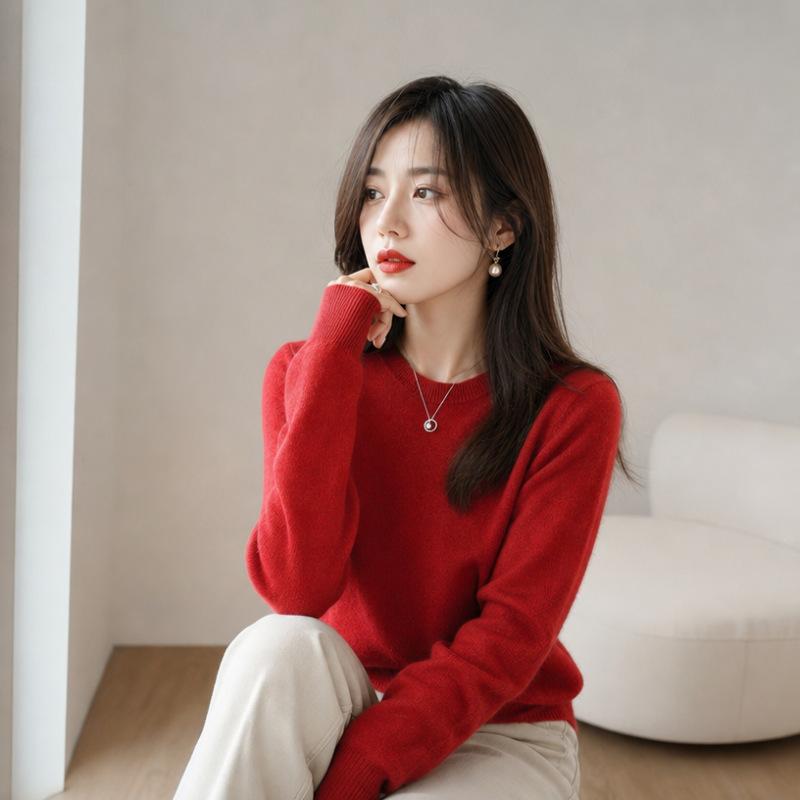 Women Crew Neck Solid Color Knit Sweater Long Sleeve Loose Fit Casual Ladies All Match Autumn Winter Basic Pullover