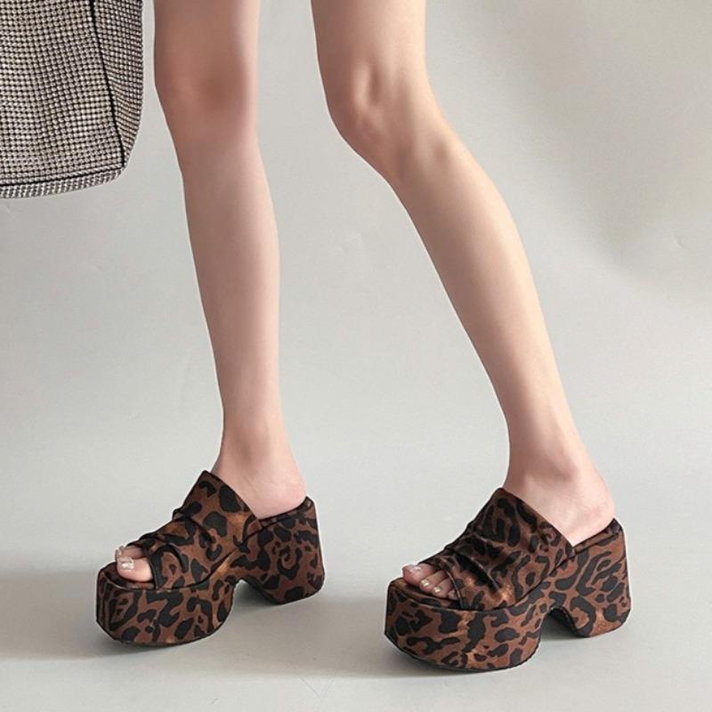 Women Chunky Slippers Sexy Leopard High Heeled Slippers 2025Summer New Platform Sandals Summer Open Toe Wedge Slippers for Women