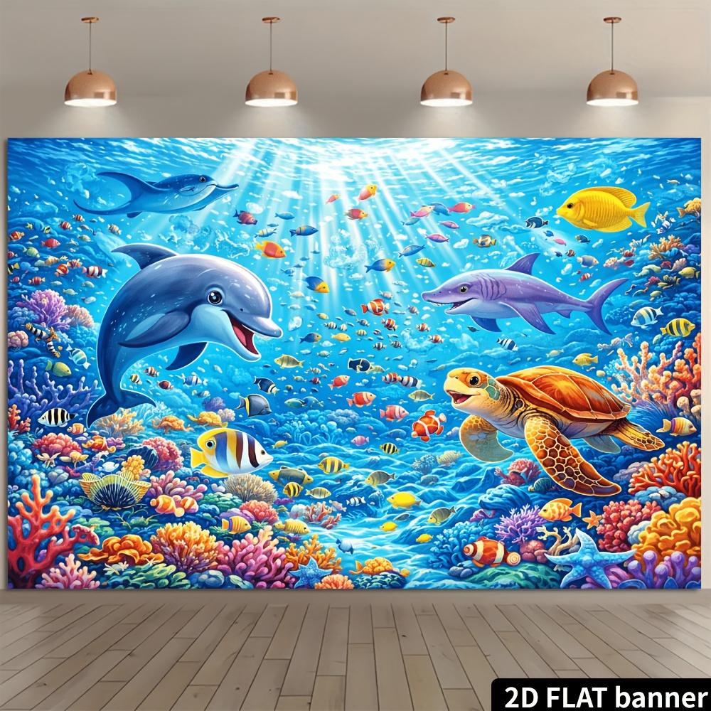 Sfondo per festa subacquea 2D con tema vita marina con delfini squali tartarughe marine pesci tropicali e coralli