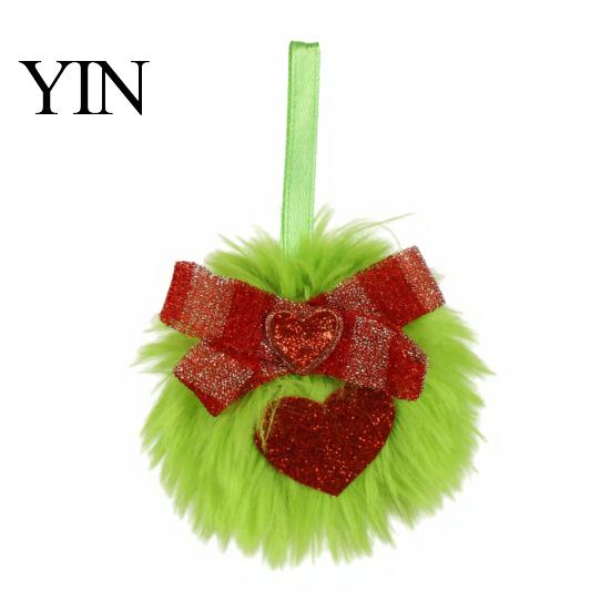 Glitter Bow Holiday Decorations Faux Fur Pom Poms Christmas Ornaments, 2.3 Inch Soft Fluffy Green Ball Hanging Cute Seasonal Decorative Accents
