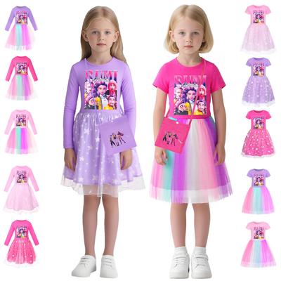 Kids Girls Anime Cartoon POP Singer Super Star Rumi Zoey Mira Print Mesh Rainbow Round Neck Casual Cotton Dress