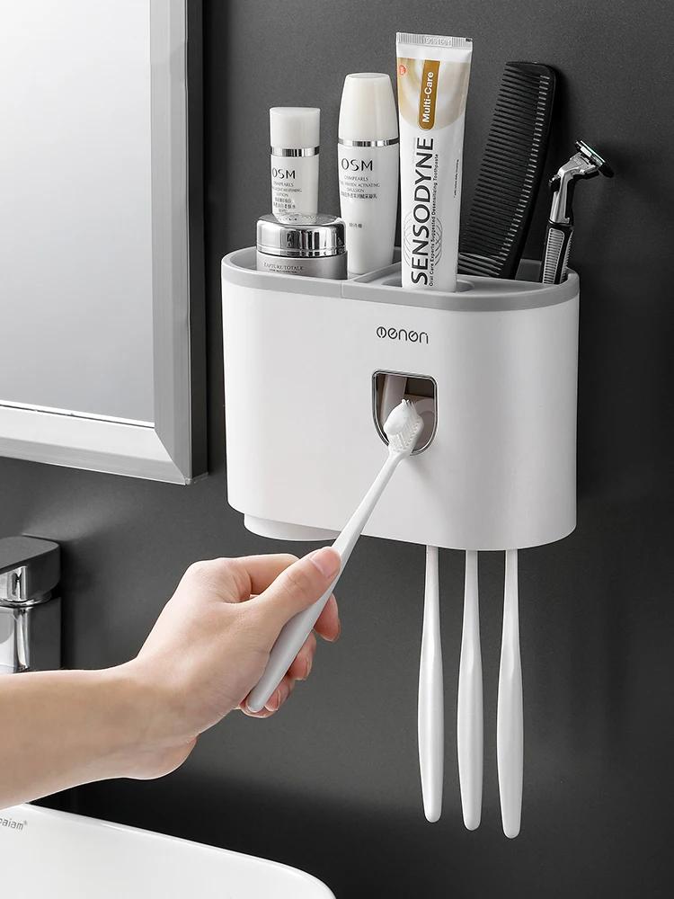 WIKHOSTEAR Wall mounted Toothbrush Holder Magnetic Adsorption Inverted Toothpaste Squeezer Double Automatic Toothpaste Dispenser