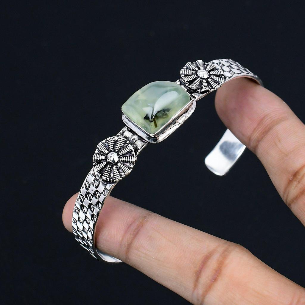 Sterling Silver Trillion Moss Prehnite Gemstone Mother Ethnic New Bangle Jewelry