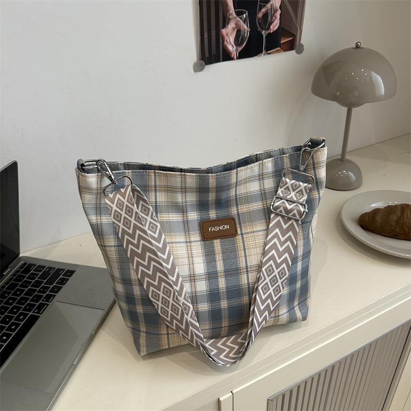 Summer Women's Bag Plaid Canvas Women's Tote Bag Large Capacity Women's Shoulder Bag Commuter Underarm Bag