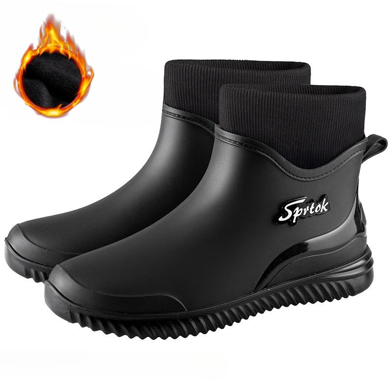 

Модные короткие сапоги с коротким голенищем, утепленные бархатом, теплые, нескользящие, водонепроницаемые, дождевые сапоги, мужская обувь 39 чёрный