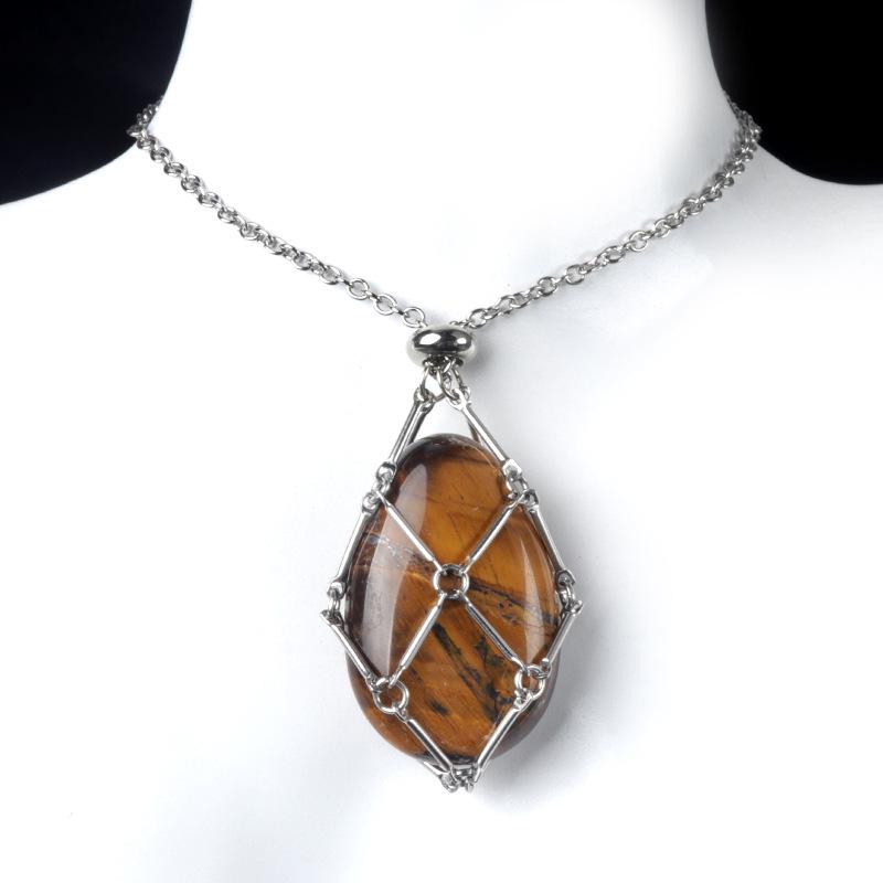 Collana con Catena Intrecciata Fatta a Mano in Acciaio Inossidabile 1720 con Ciondolo in Pietra di Agata Cristallo