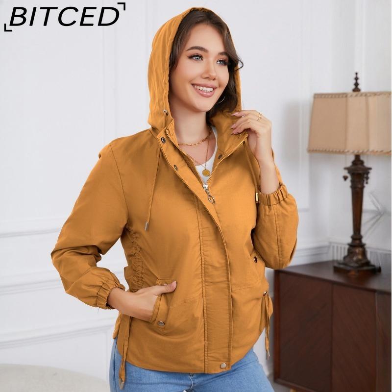 BITCED Spring/Autumn Casual Trench Coat for Women Loose-Fit Windproof Jacket with Hood Long-Sleeved Windbreaker