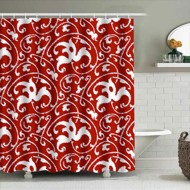Red White Floral Pattern Shower Curtain Waterproof Bathroom Decor Home Decoration Wall Hanging Tiled Tiles Print Bath Mat Red/Wh