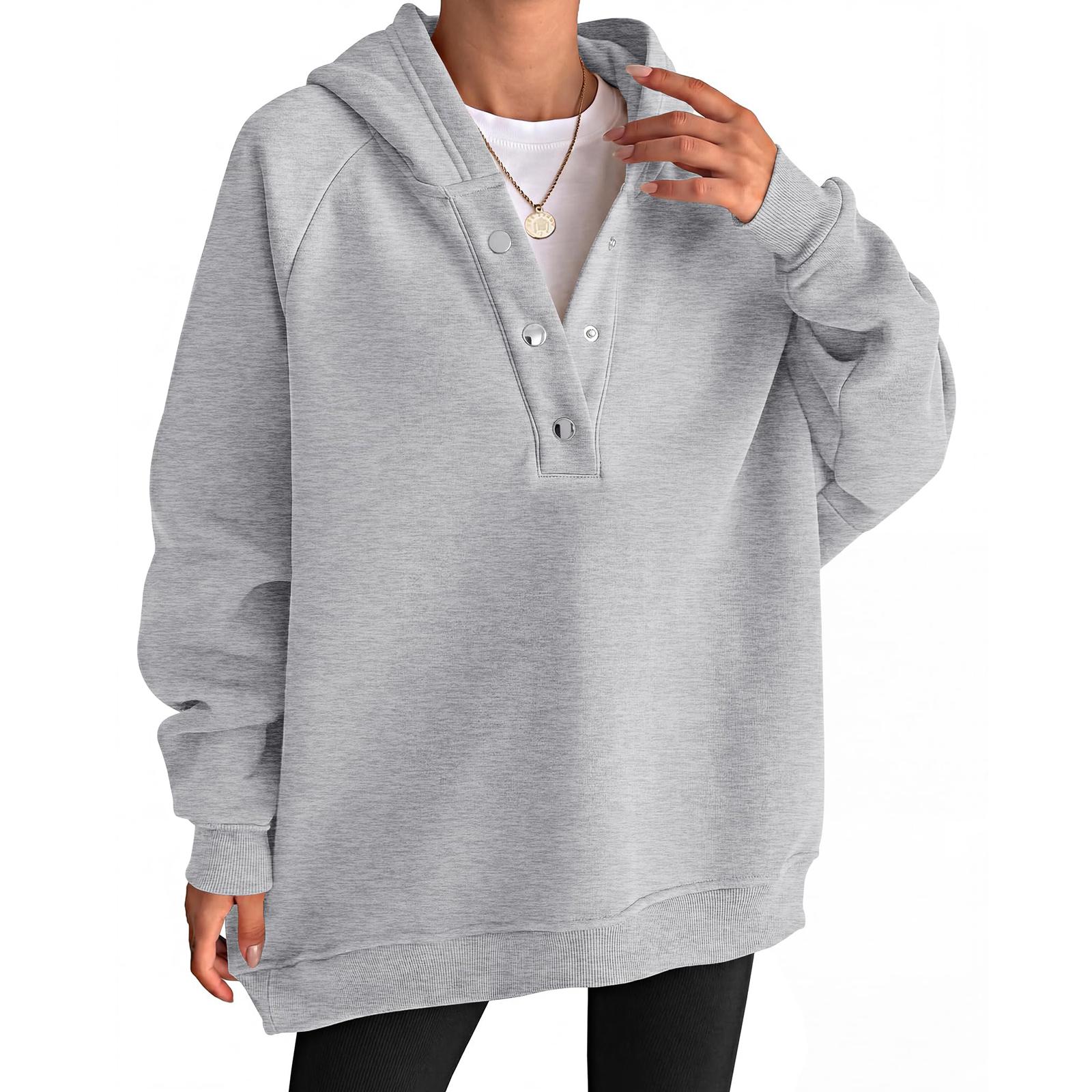 Womens Oversized Hoodies V Neck Sweatshirts | Long Sleeve Button Pullover S