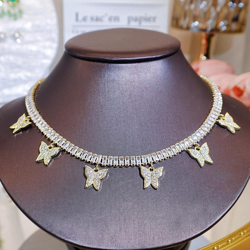 CMM European Wild Choker Fashion Simple Butterfly Shaped Pendant Tassel Necklace Street Hip-Hop Cool Short Inlaid Zircon