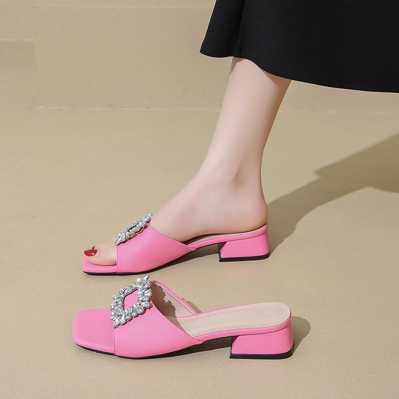 Women Sandals Summer New High Heel Square Head Open Toe Rhinestone Sandals Casual Comfort Simple Square Shoes Sandalias De Mujer