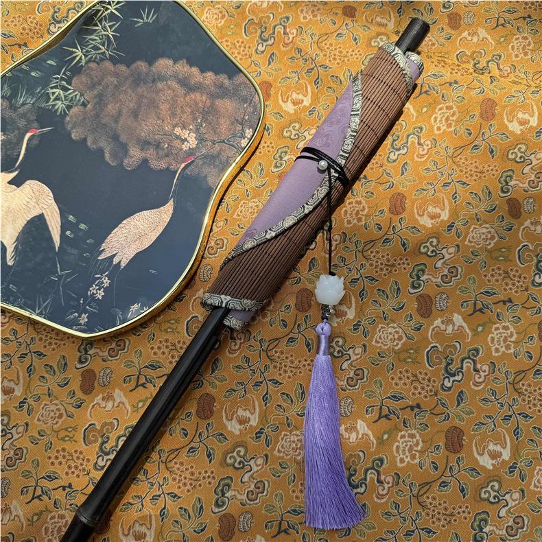Hanfu Round Fan: Ancient-Style Purple Bamboo with Long Handle, Tassel, and Foldable Design.
