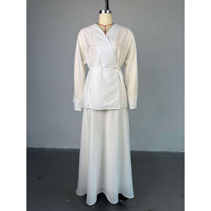 

European and American Fashion Casual Loose Lace-up Top Skirt sets Lace up Top and Skirt Set White XXL
