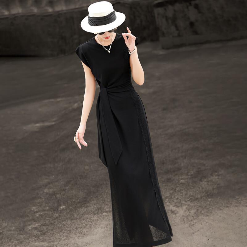 Lanseer Elegant Lace Panel Tie-Waist Midi Dress M